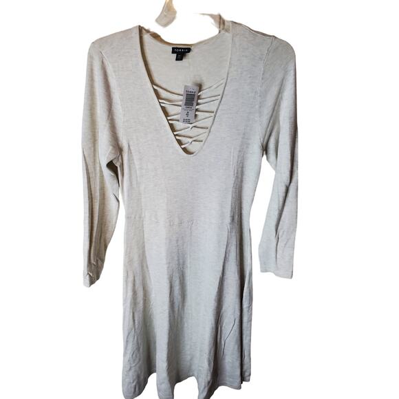 Torrid Oatmeal Heather Long Sleeve Cross Front Skater Dress, NWT, Torrid 00/Med - Picture 2 of 7
